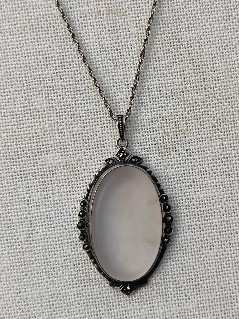 Vintage Sterling Art Deco Camphor Glass And Marcasite Pendant Necklace